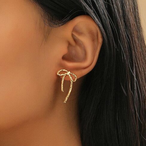 Moodear الذهب القوس الأقراط لذيذ القوس الشريط أقراط للنساء العصرية لطيف بيان 14K الذهب / الفضة مطلي هيبوالرجينيك قطرة Bowknot هوب تتدلى أقراط مجوهرات هدايا للنساء in Kuwait