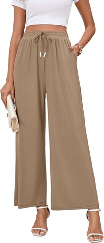 SUEANI Women's Casual Wide Leg Pants Flowy Adjustable Tie Knot Elastic Waist Pants with Pockets (Medium, Khaki) in Saudi Arabia