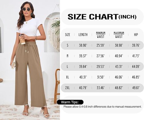 SUEANI Women's Casual Wide Leg Pants Flowy Adjustable Tie Knot Elastic Waist Pants with Pockets (Medium, Khaki) in Saudi Arabia