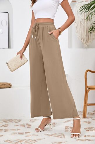 SUEANI Women's Casual Wide Leg Pants Flowy Adjustable Tie Knot Elastic Waist Pants with Pockets (Medium, Khaki) in Saudi Arabia