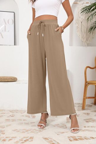 SUEANI Women's Casual Wide Leg Pants Flowy Adjustable Tie Knot Elastic Waist Pants with Pockets (Medium, Khaki) in Saudi Arabia