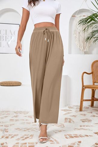 SUEANI Women's Casual Wide Leg Pants Flowy Adjustable Tie Knot Elastic Waist Pants with Pockets (Medium, Khaki) in Saudi Arabia