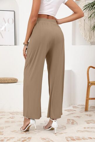 SUEANI Women's Casual Wide Leg Pants Flowy Adjustable Tie Knot Elastic Waist Pants with Pockets (Medium, Khaki) in Saudi Arabia