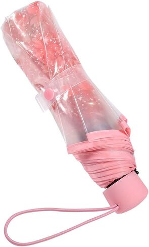 Plastic Transparent Folding Light Purple Cherry Flower Blossom Umbrella, Travel Clear Floral Rain Umbrella Outdoor Fashionable Windproof for Adult Kids Girls Princess Women in Saudi Arabia