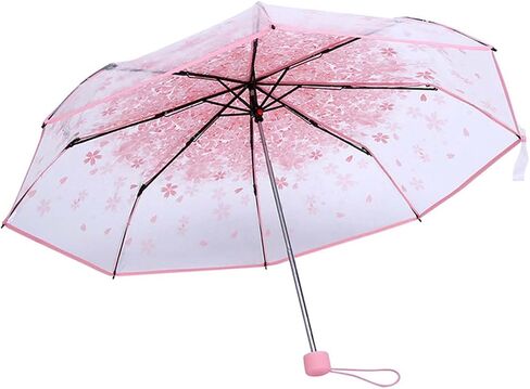 Plastic Transparent Folding Light Purple Cherry Flower Blossom Umbrella, Travel Clear Floral Rain Umbrella Outdoor Fashionable Windproof for Adult Kids Girls Princess Women in Saudi Arabia