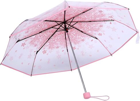 Plastic Transparent Folding Light Purple Cherry Flower Blossom Umbrella, Travel Clear Floral Rain Umbrella Outdoor Fashionable Windproof for Adult Kids Girls Princess Women in Saudi Arabia