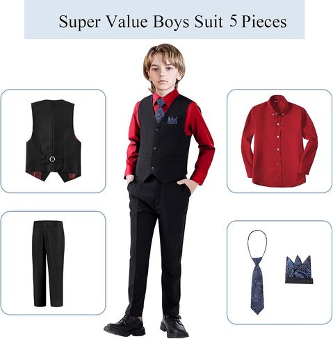 Boy's 5-Piece Suit, Formal Suit Set with Vest Pants and Tie, Boys Formal Dresswear Vest Set, Toddler Boy Vest Set in Saudi Arabia
