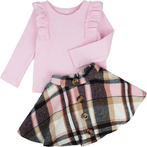 AGQT Toddler Girls Long Sleeve Knitted Shirt Sweater Tops & Plaid Pleated Mini Skirt Set Fall Winter 2 Piece Set in Saudi Arabia