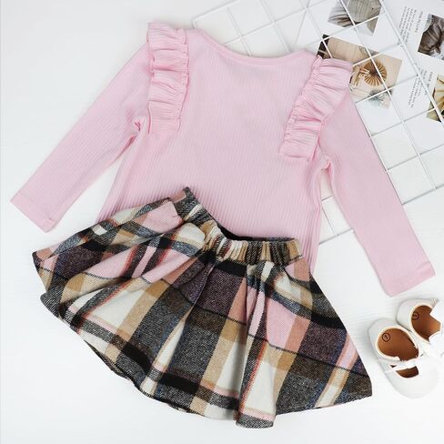 AGQT Toddler Girls Long Sleeve Knitted Shirt Sweater Tops & Plaid Pleated Mini Skirt Set Fall Winter 2 Piece Set in Saudi Arabia
