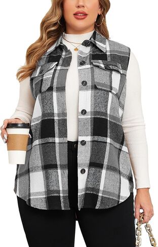 ZOMVA Plus Size 1X-5X Women's Flannel Plaid Long Vest Button Down Sleeveless Jacket Shacket Coat Casual Fall Fashion Outfits in Kuwait