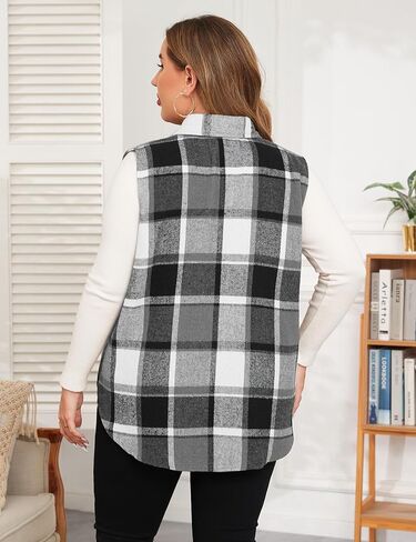 ZOMVA Plus Size 1X-5X Women's Flannel Plaid Long Vest Button Down Sleeveless Jacket Shacket Coat Casual Fall Fashion Outfits in Kuwait