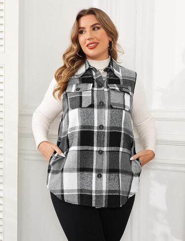ZOMVA Plus Size 1X-5X Women's Flannel Plaid Long Vest Button Down Sleeveless Jacket Shacket Coat Casual Fall Fashion Outfits in Kuwait