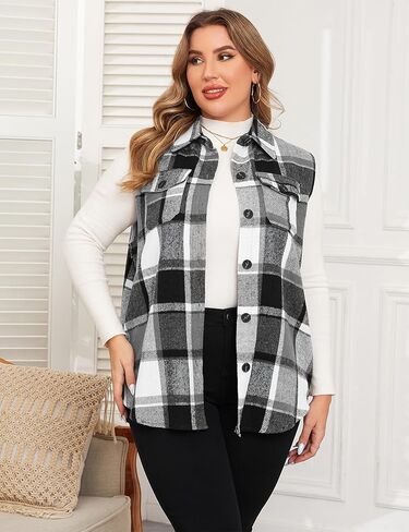 ZOMVA Plus Size 1X-5X Women's Flannel Plaid Long Vest Button Down Sleeveless Jacket Shacket Coat Casual Fall Fashion Outfits in Kuwait