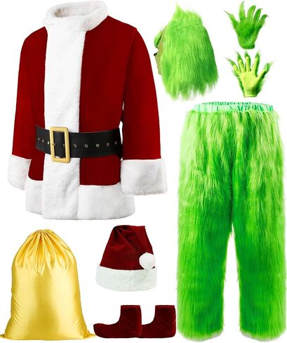 Green Halloween Costumes Adult,Cosplay Santa Suit Christmas Deluxe Furry Santa Claus Funny Santa Costume with Mask in Saudi Arabia