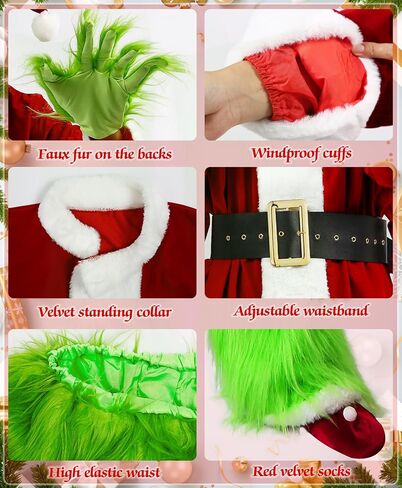 Green Halloween Costumes Adult,Cosplay Santa Suit Christmas Deluxe Furry Santa Claus Funny Santa Costume with Mask in Saudi Arabia