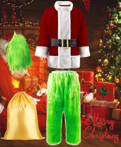 Green Halloween Costumes Adult,Cosplay Santa Suit Christmas Deluxe Furry Santa Claus Funny Santa Costume with Mask in Saudi Arabia
