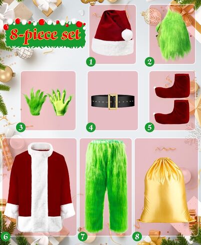 Green Halloween Costumes Adult,Cosplay Santa Suit Christmas Deluxe Furry Santa Claus Funny Santa Costume with Mask in Saudi Arabia