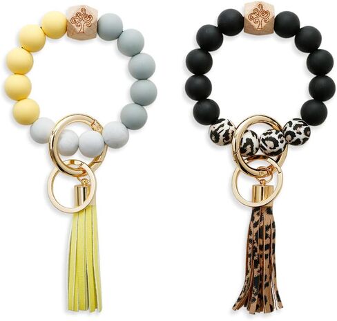 2 Piece Women Silicone Keychain Bracelet Beaded Wristlet Key Ring Bangle Chains with Leather Tassel in Saudi Arabia