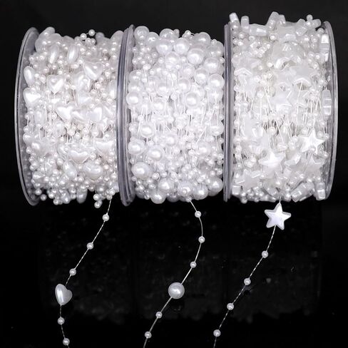 3 Rolls 200 Feet(60m) 3 Styles Mixed Artificial Pearls String Beads Fishing Line Pearl Garland Beads Decoration for DIY Party Bouquet Crafts Decoration (White) in Saudi Arabia