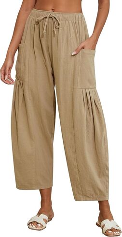Women Linen Pants Wide Leg Boho Pants Loose Lightweigt Beach Palazzo Harem Pants with Pockets in Kuwait