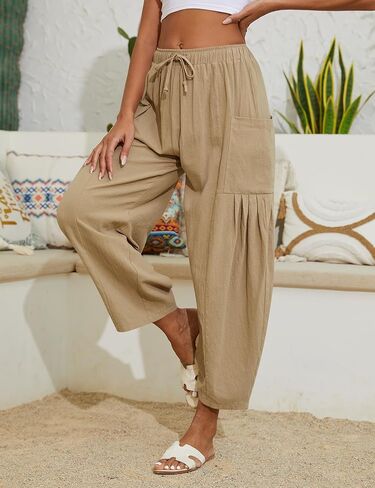 Women Linen Pants Wide Leg Boho Pants Loose Lightweigt Beach Palazzo Harem Pants with Pockets in Kuwait