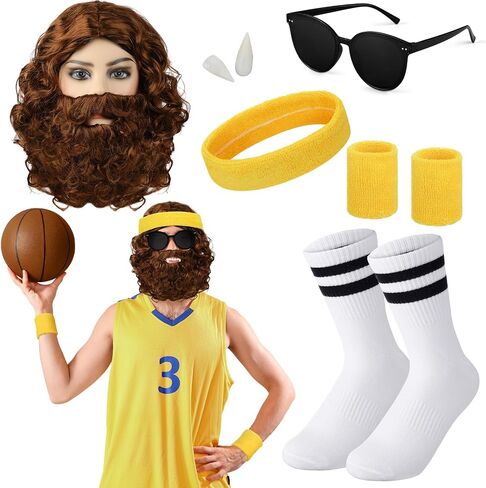 Mepase 7 Pcs Halloween Teen Wolf Costume 1980s Adults Wolf Costume Accessories Set Wigs Headband Wristbands Glasses Vampire Fangs Socks for Men Cosplay Multicolor in Saudi Arabia