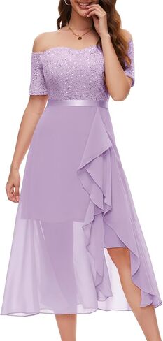 BeryLove Women Sequin Formal Party Dress Off Shoulder Wedding Cocktail Midi Evening Dress in Kuwait