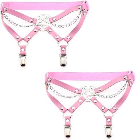 FM FM42 Multicolor PU Simulated Leather Rivets Chain O Ring Pentagram Star Adjustable Leg Ring Elastic Garter, Pack of 2 PCs in Saudi Arabia