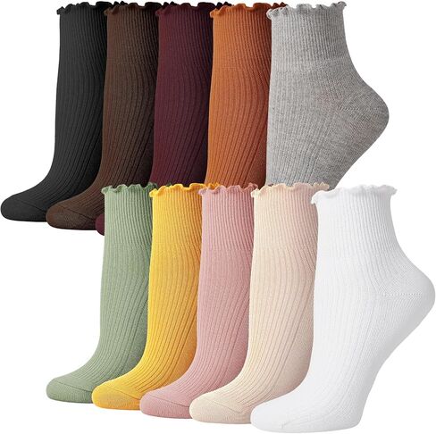 10 أزواج من الجوارب النسائية، جوارب مكشكشة للفتيات والنساء، جوارب لطيفة للكاحل، جوارب دائرية ناعمة ودافئة من القطن قابلة للتنفس in Kuwait