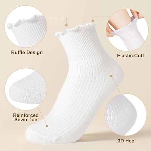 10 أزواج من الجوارب النسائية، جوارب مكشكشة للفتيات والنساء، جوارب لطيفة للكاحل، جوارب دائرية ناعمة ودافئة من القطن قابلة للتنفس in Kuwait