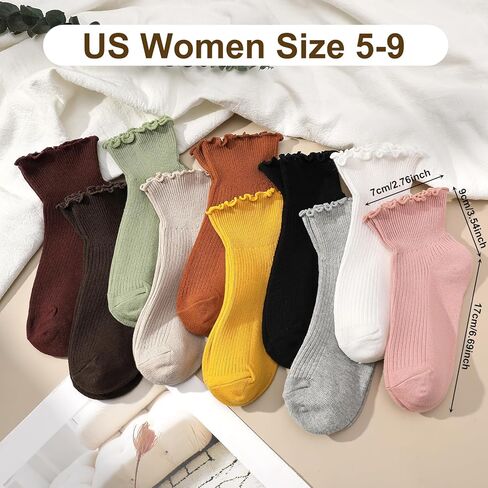 10 أزواج من الجوارب النسائية، جوارب مكشكشة للفتيات والنساء، جوارب لطيفة للكاحل، جوارب دائرية ناعمة ودافئة من القطن قابلة للتنفس in Kuwait