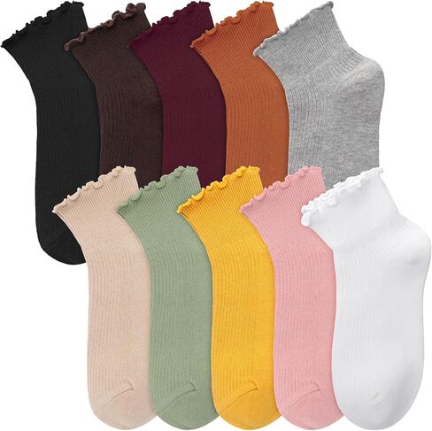 10 أزواج من الجوارب النسائية، جوارب مكشكشة للفتيات والنساء، جوارب لطيفة للكاحل، جوارب دائرية ناعمة ودافئة من القطن قابلة للتنفس in Kuwait