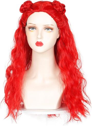 Long Wavy Red Wig for Cosplay Red Costume Wig with 2 Buns for Halloween Party Wig with Earring Clips (Small Size) in Kuwait