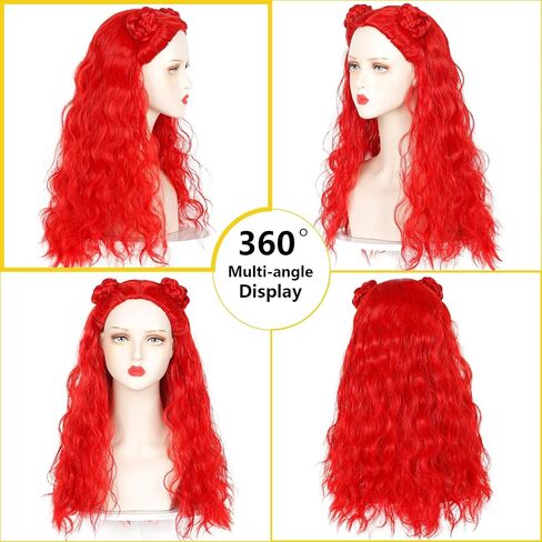 Long Wavy Red Wig for Cosplay Red Costume Wig with 2 Buns for Halloween Party Wig with Earring Clips (Small Size) in Kuwait
