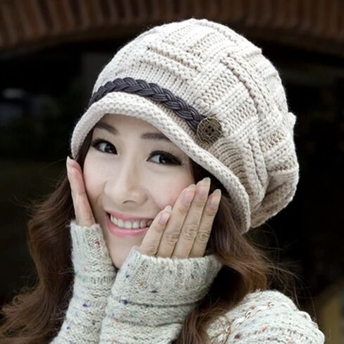 Roll Up Women's Girls Cute Winter Cozy Fur Earflap Knitted Wool Button Braided Strap Ski Cap Beret Newsboy Beanie Hat Visor in Kuwait