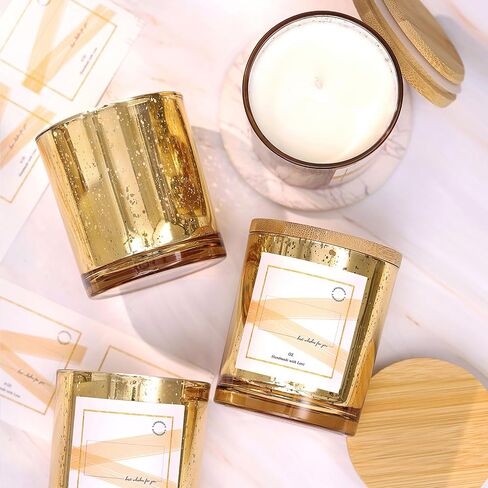 LAMORGIFT 15 Pack Glass Candle Jars with Lids (8oz, Gold) - Empty Candle Jars Containers - Mercury Glass Candle Jars for Making Candle - 20 Pcs Candle Labels Candle Making Accessories Included in Saudi Arabia