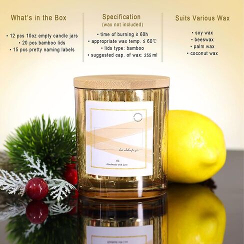 LAMORGIFT 15 Pack Glass Candle Jars with Lids (8oz, Gold) - Empty Candle Jars Containers - Mercury Glass Candle Jars for Making Candle - 20 Pcs Candle Labels Candle Making Accessories Included in Saudi Arabia