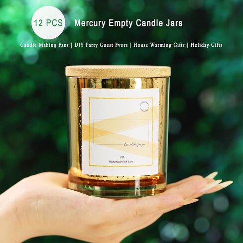 LAMORGIFT 15 Pack Glass Candle Jars with Lids (8oz, Gold) - Empty Candle Jars Containers - Mercury Glass Candle Jars for Making Candle - 20 Pcs Candle Labels Candle Making Accessories Included in Saudi Arabia
