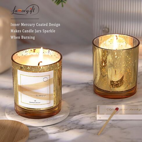 LAMORGIFT 15 Pack Glass Candle Jars with Lids (8oz, Gold) - Empty Candle Jars Containers - Mercury Glass Candle Jars for Making Candle - 20 Pcs Candle Labels Candle Making Accessories Included in Saudi Arabia