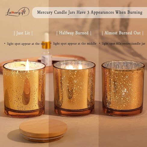 LAMORGIFT 15 Pack Glass Candle Jars with Lids (8oz, Gold) - Empty Candle Jars Containers - Mercury Glass Candle Jars for Making Candle - 20 Pcs Candle Labels Candle Making Accessories Included in Saudi Arabia