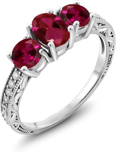Gem Stone King 10K White Gold Gemstone Birthstone and Lab Grown Diamond 3-Stone Engagement Ring | Oval 7X5MM and Round 5MM | Three Stone Wedding Anniversary Promise Ring For Women in Saudi Arabia