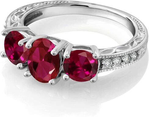 Gem Stone King 10K White Gold Gemstone Birthstone and Lab Grown Diamond 3-Stone Engagement Ring | Oval 7X5MM and Round 5MM | Three Stone Wedding Anniversary Promise Ring For Women in Saudi Arabia
