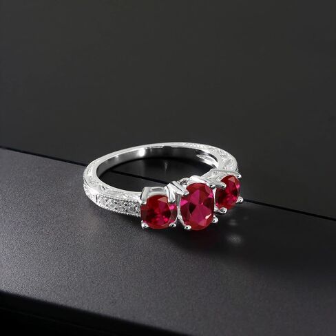 Gem Stone King 10K White Gold Gemstone Birthstone and Lab Grown Diamond 3-Stone Engagement Ring | Oval 7X5MM and Round 5MM | Three Stone Wedding Anniversary Promise Ring For Women in Saudi Arabia