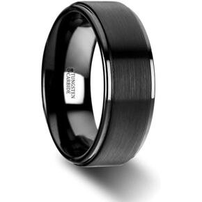 Mens Black Tungsten Brushed Raised Center Polished Step Edges Wedding Ring - Flat Comfort Fit - 6mm 8mm Wide - Style name: ORION