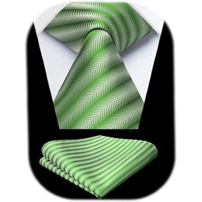 HISDERN Green Ties for Men Classic Necktie Set Formal Pocket Square Twill Stripe Tie Design Business Wedding Party