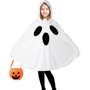 Oskiner Ghost Costume for Kids,White Ghost Poncho Hooded Cape with Pumpkin Bag,Spooky Halloween Costume for Girls