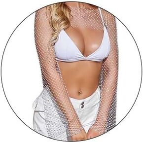 Formery Rhinestone Mesh Body Chain White Long Sleeve Fishnet Cover Up Party Beach Summer See Through Tank Top for Women