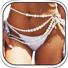 REETAN Boho White Pearl Waist Chain Layered Bikini Belly Chains Rave Accessories Jewelry for Women
