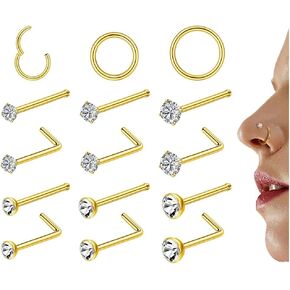 6-15Pcs 20G Nose Studs 18G Nose Rings Hoop for Women Men 316L Stainless Steel Clicker Hinged Nose Rings Hoop Straight L Shaped Nose Studs Nose Piercing Jewelry Silver Gold (Gold-CZ-L Shaped)