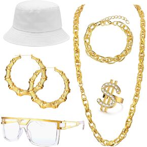 MILACOLATO 80s 90s Accessories Outfit for Women Men Hip Hop Costume Kit Statement Fake Gold Chain Bamboo Hoop Earring, Old School Rapper DJ Halloween Party Decorations Hat Sunglasses Earrings Gold Chain Bracelet Ring